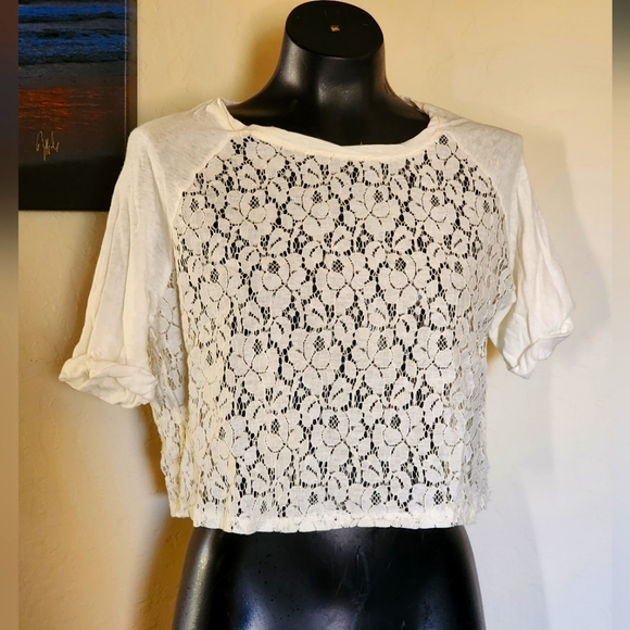Chloe K Tops - Chloe K White Lace Crop Top Shirt Sz. L